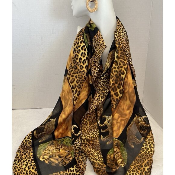 Leopard Silk Scarf Animal Print Square Safari 33" x 33" Bordered Hand Rolled Hem - Picture 4 of 12